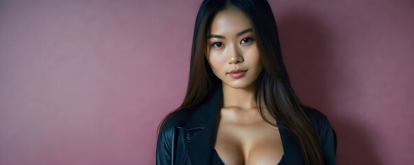 Sexy asian model with deep cleavage top. Copy space - obrazy, fototapety, plakaty