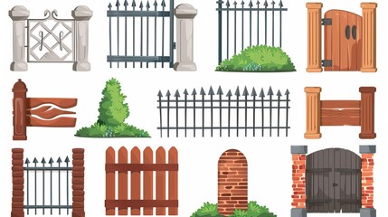 Cartoon set isolated fence gate icon. Wooden and metal entrance, Fence gate vector illustration on a white background