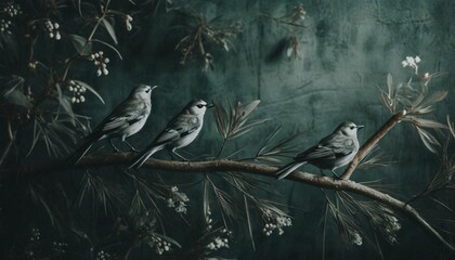 vintage photo wallpaper with branches and birds on green background