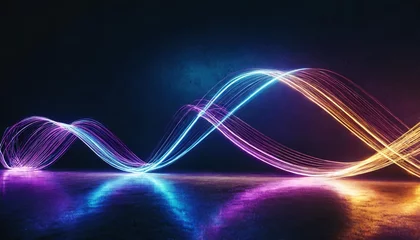 Möbelaufkleber 3d render abstract panoramic background of twisted dynamic neon lines glowing in the dark room with floor reflection virtual fluorescent ribbon loop fantastic minimalist wallpaper © Kira