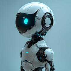 Advanced artificial intelligence robot with glowing blue eyes meticulously engineered in a futuristic high-tech laboratory isolated on a gradient background