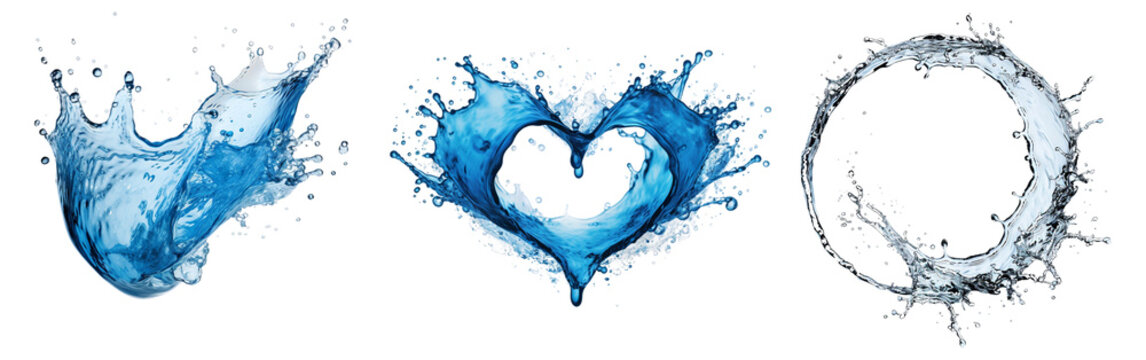 water splash in a circular and a heart shape, isolated on a transparent background.
