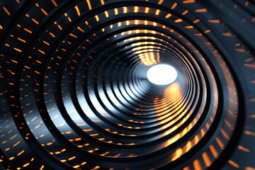 Metallic tunnel with light at the end and textured walls