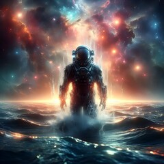 Ultra HD 4k image of a futuristic astronaut emerging from the depths of the sea.
