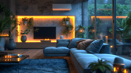 Modern Smart Home Living Room with Advanced Technology Integration