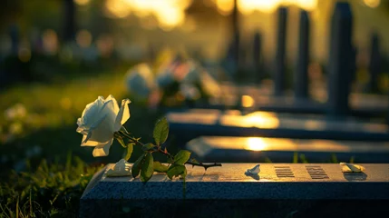 Fotobehang A row of tombs, each adorned with a single white rose and a small flag, stretches into the distance. The late afternoon light casts long shadows across the cemetery, symbolizing th © Катерина Євтехова