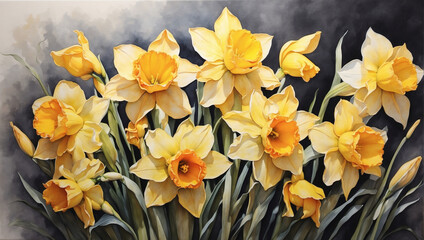 Delicate watercolor painting of vibrant daffodils on canvas, capturing the essence of spring.