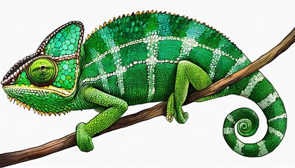 vector drawing green chameleon isolated at white background hand drawn illustration