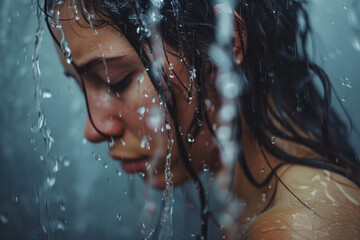 woman taking a shower after stress day