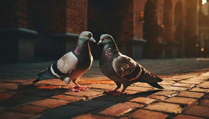 two pigeons standing on a brick sidewalk