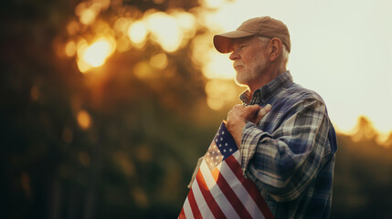 An elderly veteran holds an American flag close to his heart during a Memorial Day ceremony. The soft, natural light highlights the emotion and pride on his face, with gentle shado - obrazy, fototapety, plakaty