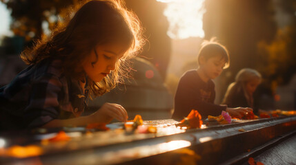 Children placing handmade cards and flowers at the tombs of unknown soldiers, learning about the importance of remembrance. The soft, filtered sunlight casts shadows that add a tou - obrazy, fototapety, plakaty
