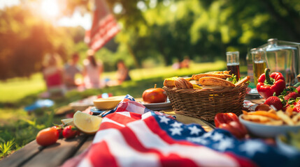 A family picnic on Memorial Day, with an American flag draped over the table filled with traditional foods. The scene is bathed in sunlight, creating a warm, inviting atmosphere th - obrazy, fototapety, plakaty