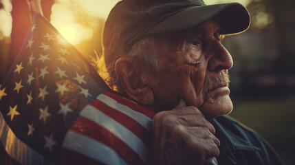 Fototapeta premium An elderly veteran holds an American flag close to his heart during a Memorial Day ceremony. The soft, natural light highlights the emotion and pride on his face, with gentle shado