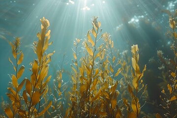 Fototapeta na wymiar Sunbeams Dancing on Ocean Kelp. Concept Ocean Life, Underwater Exploration, Marine Biology, Coastal Ecosystems, Ocean Conservation