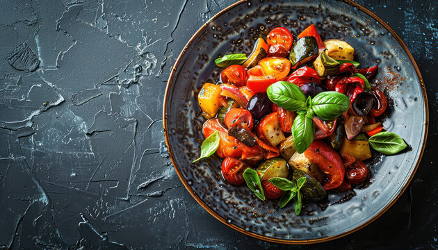 rustic roasted vegetable ratatouille on dark ceramic plate