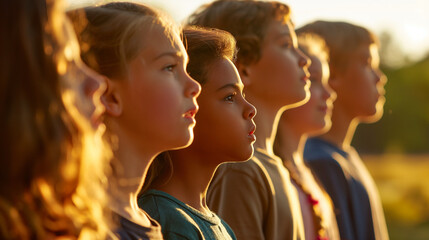 Fototapeta na wymiar A group of children singing the national anthem at a Memorial Day service, their voices carrying across the sunlit field. The soft morning light and shadows frame this moment of pa