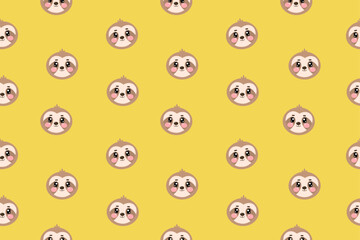 Fototapeta premium Seamless pattern with vector kawaii little brown cute sloth of face or head for kids, baby, children nursery, fabrics. Vector wallpaper flat illustration on yellow background