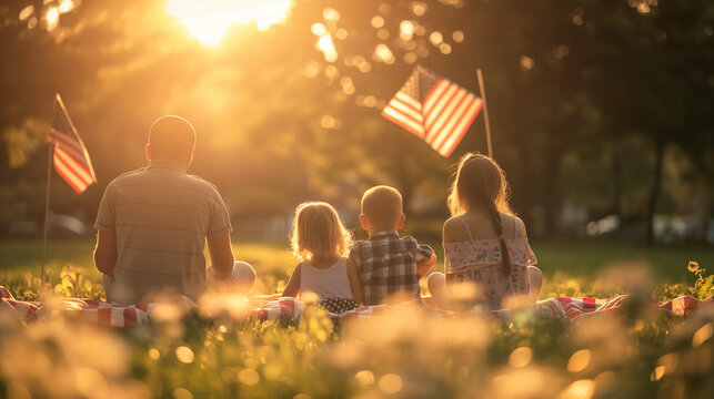 A family of children enjoying a picnic in a park decorated with American flags for Memorial Day. The setting sun casts a warm glow and soft shadows over the scene, reflecting a day