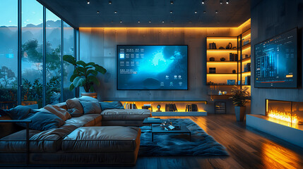 Modern Smart Home Living Room with Advanced Technology Integration