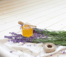 Honey and lavender bouquets. Virus treatment concept. Wooden table. - 783412209