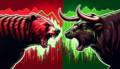 Bull vs bear, symbols of stock market trends, fierce market battle in red and green background - obrazy, fototapety, plakaty