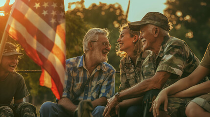 A group of veterans, including women and men from different eras, sharing stories and laughs around a flagpole adorned with the American flag. The afternoon sun creates a warm atmo