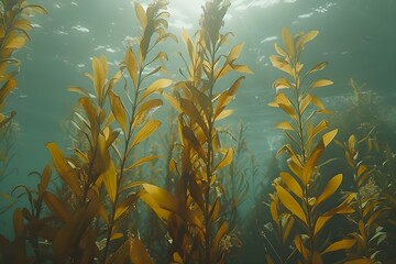 Fototapeta na wymiar Ocean's Rhythmic Dance: Sunlit Kelp in Gentle Swell. Concept Marine Biology, Underwater Ecosystems, Ocean Conservation, Kelp Forests, Marine Biodiversity,