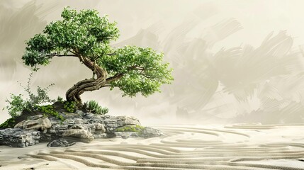 serene zen garden with raked sand and bonsai tree japaneseinspired digital painting - obrazy, fototapety, plakaty
