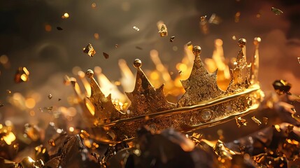 shattered golden crown symbolizing the downfall of a medieval fantasy kingdom concept illustration - obrazy, fototapety, plakaty