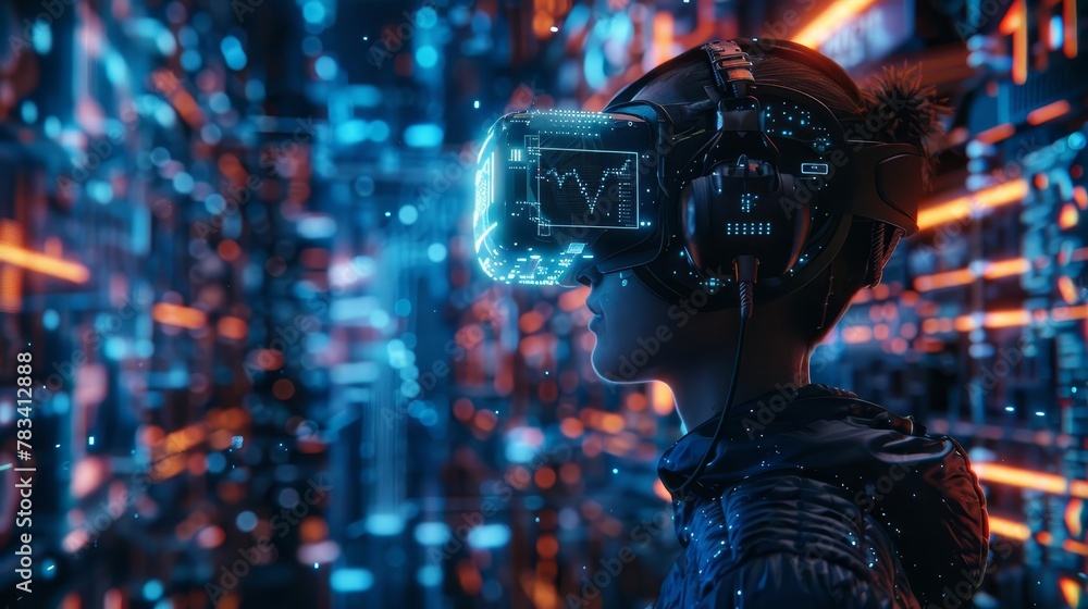 Poster skilled cyberpunk hacker in futuristic virtual reality setting holographic interfaces digital art