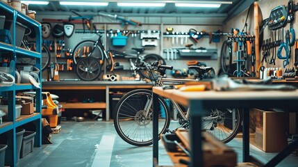 Inside a contemporary bike shop or garage outfitted with a wide range of high-end tools and machinery. bike maintenance, upgrades, and repairs. Broken cycling wheel  installed, or fixed - obrazy, fototapety, plakaty