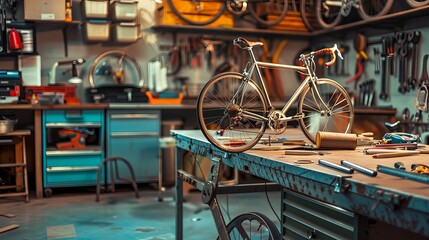 Inside a contemporary bike shop or garage outfitted with a wide range of high-end tools and machinery. bike maintenance, upgrades, and repairs. Broken cycling wheel  installed, or fixed
