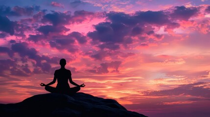 silhouette of person in serene meditation pose against vibrant sunset sky concepts of mindfulness inner peace and spiritual growth