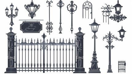 fence featuring gates, lanterns, pointers, and signboards. Metal doors, street lights, and retro-style signage. exquisite and well-crafted forged design components. solitary silhouette. Vector - obrazy, fototapety, plakaty