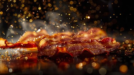sizzling bacon strips with grease droplets and oil splashes crispy breakfast meat food photography - obrazy, fototapety, plakaty