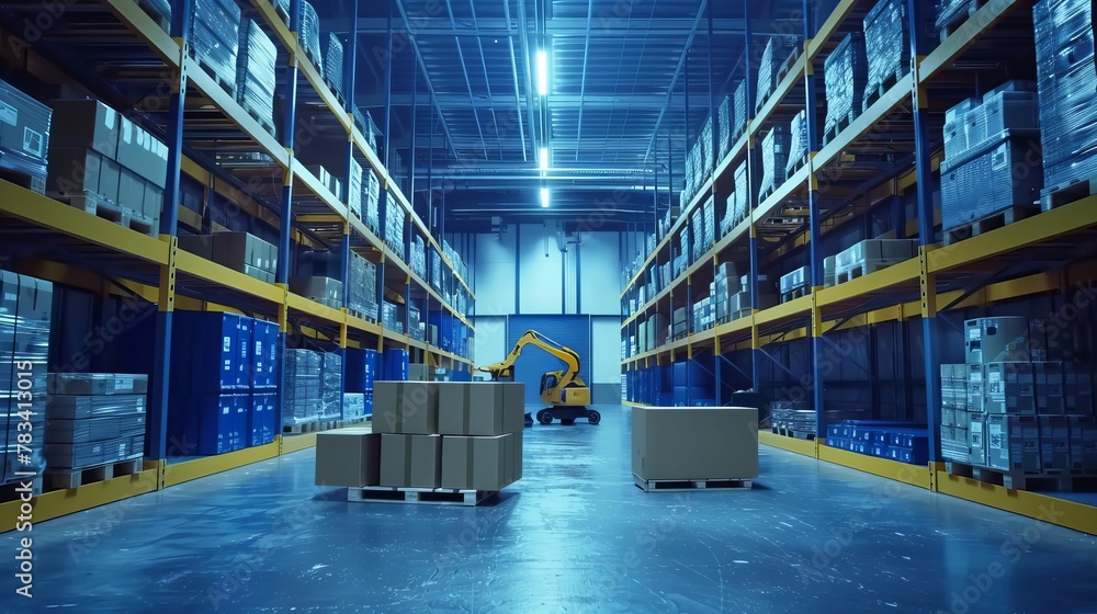 Poster smart warehouse automation with robot arm placing boxes on pallets aipowered logistics technology in