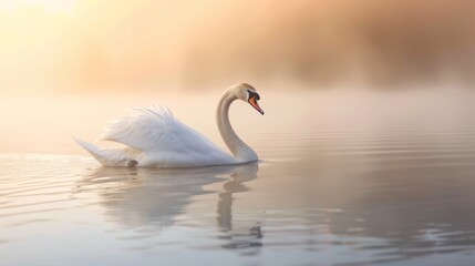 Graceful White Swan Gliding on Tranquil Lake at Dawn