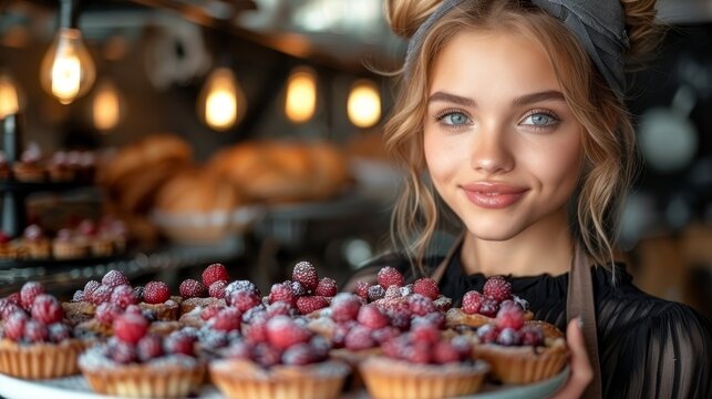   A woman holds a plate bearing cupcakes topped with raspberries, accompanied by muffins in a nearby bunch