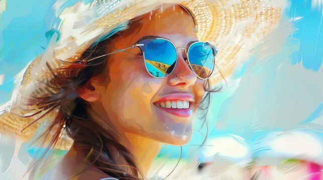 smiling young woman in hat and sunglasses enjoying summer outdoors digital painting