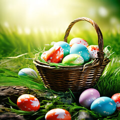 Creative poster for easter eggs with a basket of easter eggs happy eater day theme