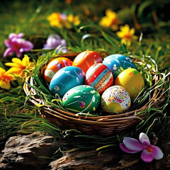 Creative poster for easter eggs with a basket of easter eggs happy eater day theme