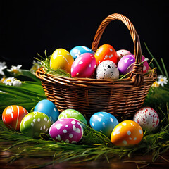 Creative poster for easter eggs with a basket of easter eggs happy eater day theme