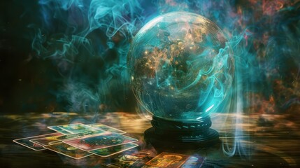mystical crystal ball with swirling mist and tarot cards ethereal digital painting - obrazy, fototapety, plakaty