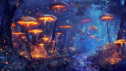 mystical forest glade with enchanted fireflies and glowing mushrooms surreal digital painting - obrazy, fototapety, plakaty
