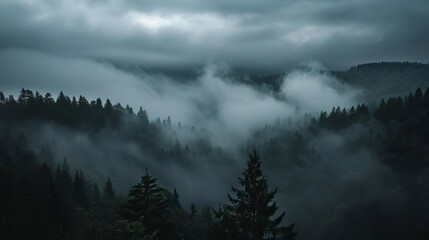 mystical rising fog in the black forest of germany dark and moody landscape panorama - obrazy, fototapety, plakaty