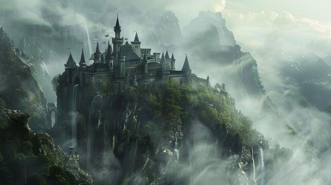 mythical ancient castle city atop misty mountain peak fantasy art