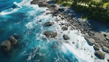 Fotobehang Aerial view of a mediterranean paradise coast with breaking waves on the shore, rocks and vegetation. Rocky shore with green palms, turquoise blue water on sunny day. Summertime, documentary travel. © cabado
