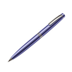 Blue metallic ballpoint pen with chrome clip and trim on transparent background.