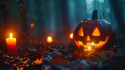 night scene with carved pumpkins and candles creating a spooky yet inviting halloween atmosphere - obrazy, fototapety, plakaty